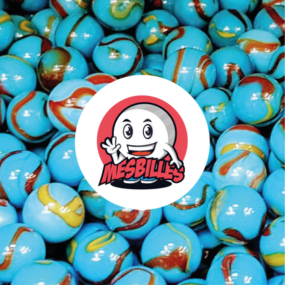 Immagine della mascotte MieiBiglie circondata da biglie Pianeta Terra opache di colore blu con tracce di nero da 14 mm