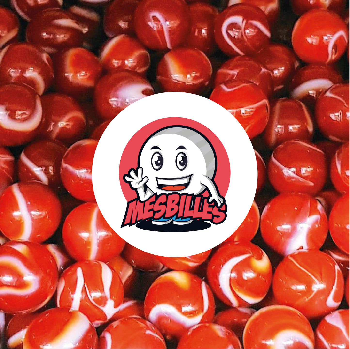 Immagine della mascotte MesBiglie circondata da biglie opache rosse con tracce di bianco, biglia in vetro opaco, 14 mm