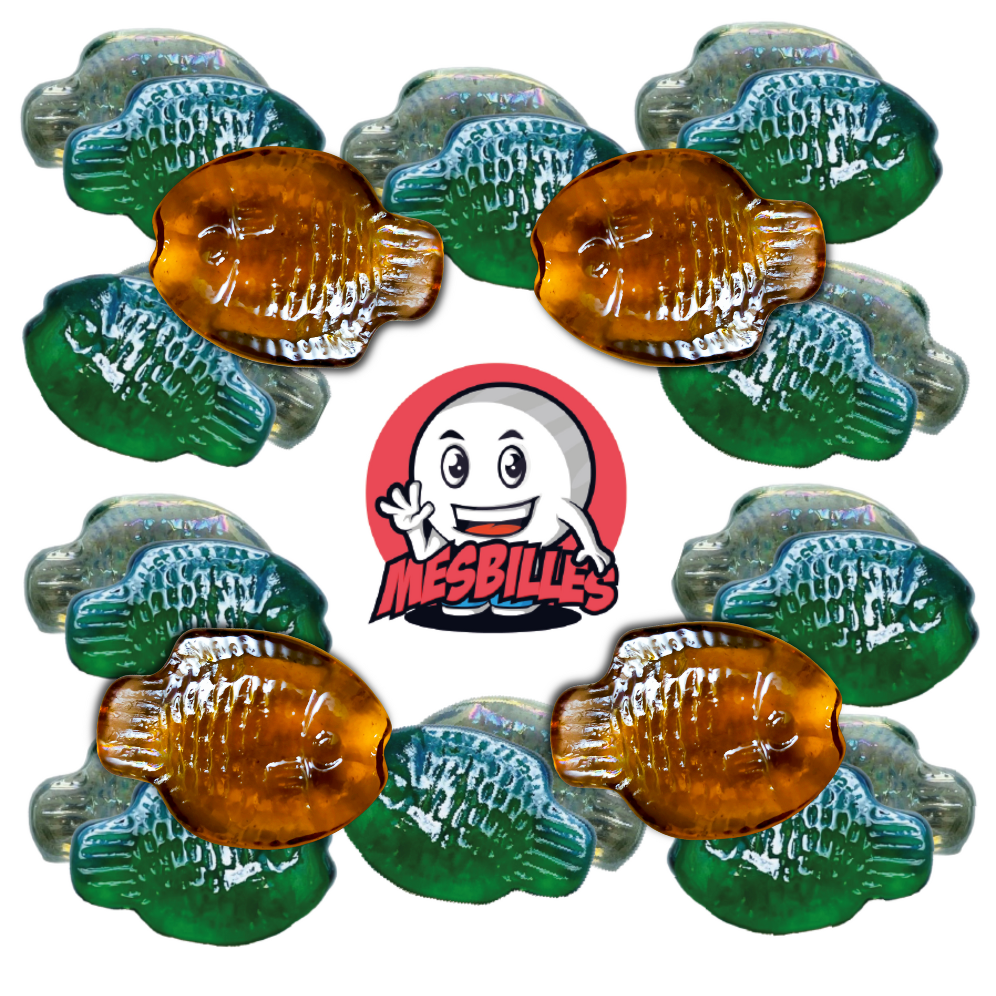Primo piano di biglie Pesce Koi in vetro soffiato, misto ambra e verde iridescente, attorno al logo MieiBiglie.