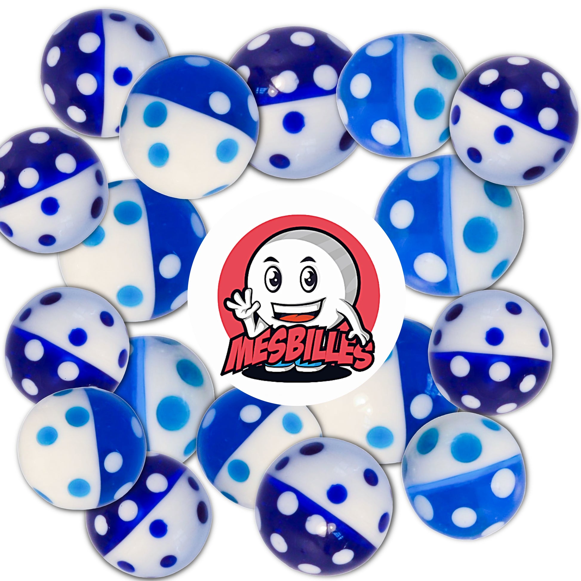 Logo MesBilles su Biglie d'arte blu notte e bianco 22 mm, motivo marinara a pois notturni