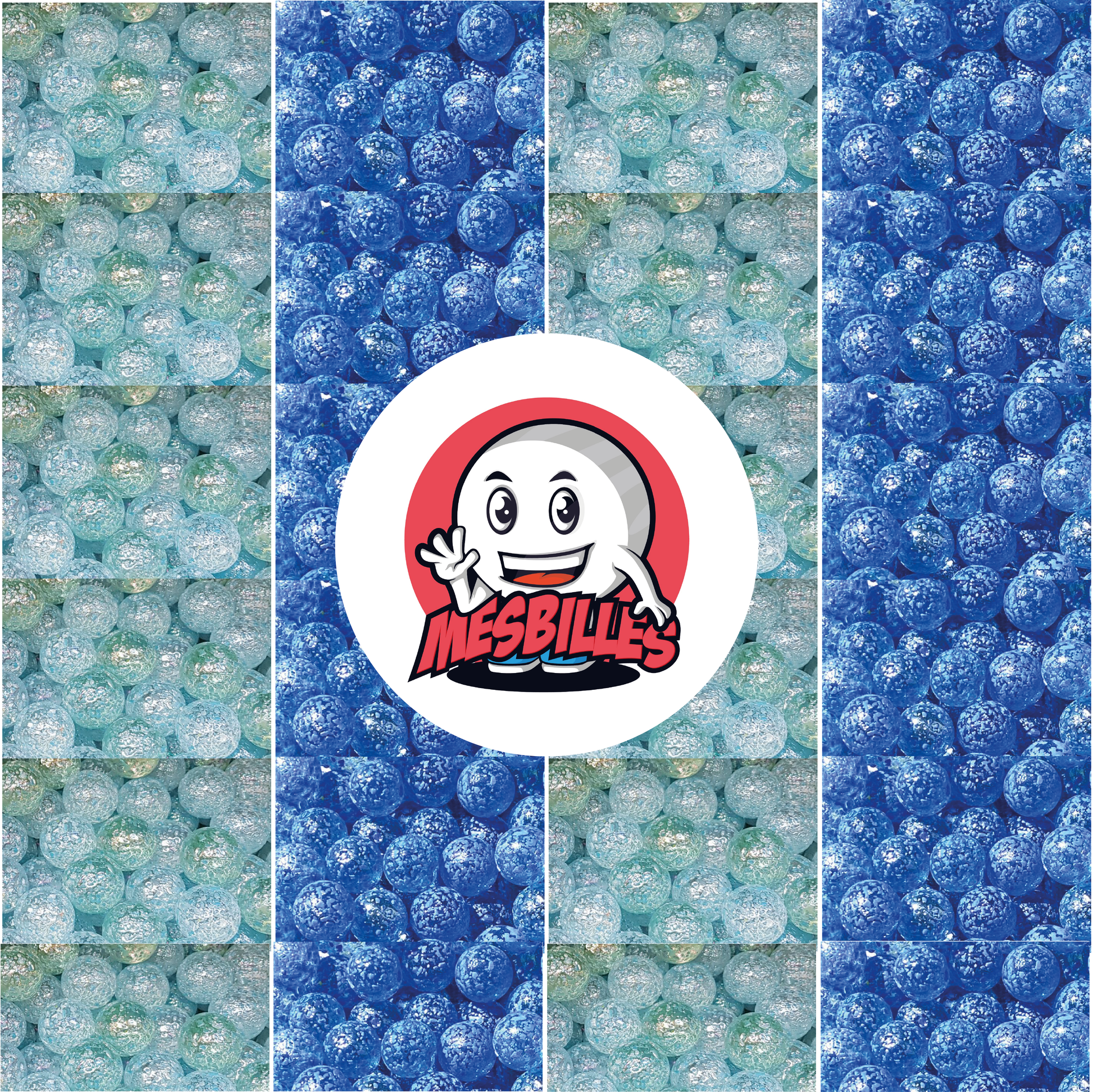 Immagine della mascotte MieiBiglie circondata da biglie Pepita in vetro traslucido con frammenti blu 22 mm