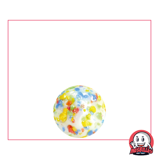 Immagine della mascotte MieiBiglie circondata da biglie bianche opache da 14 mm ricoperte di frammenti multicolori